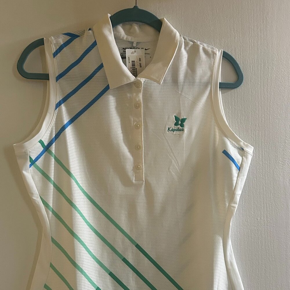 NEW WITH TAGS - Beautiful white golf shirt with touch of green and blue
